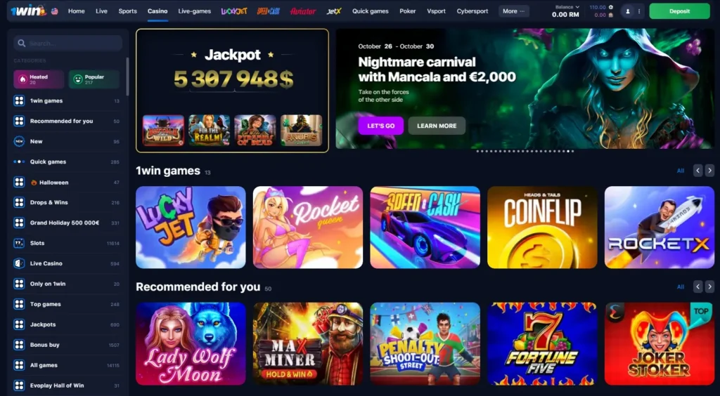 1WIN Online Casino games lobby