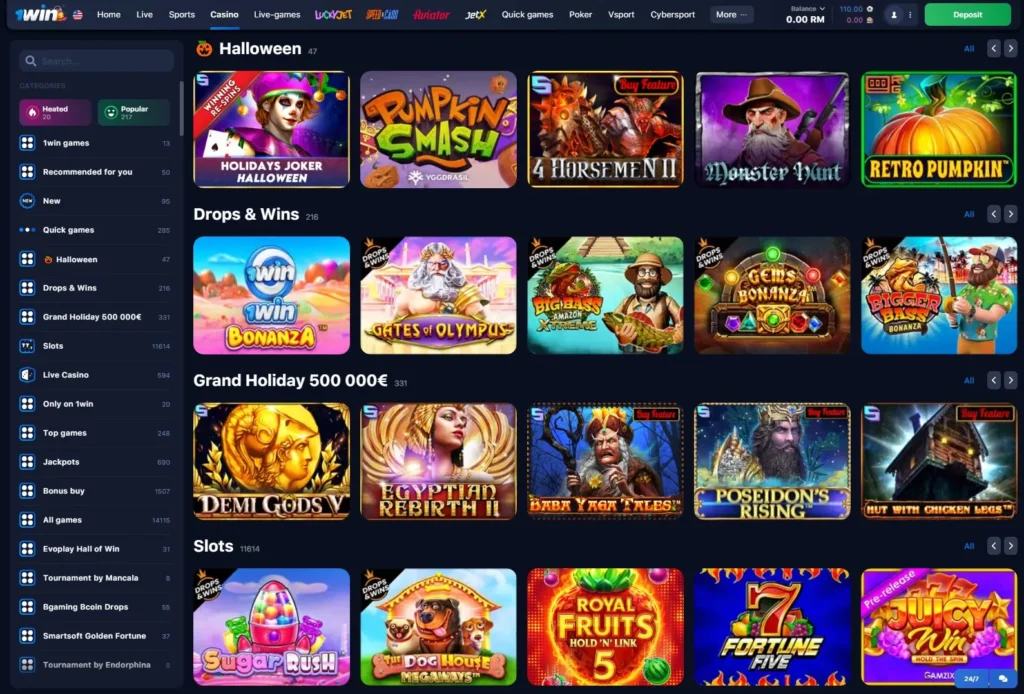 1WIN Online Casino games lobby